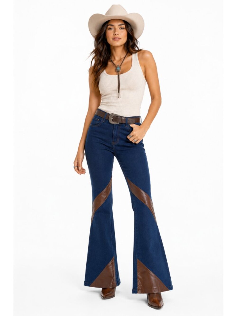 Petal Dew Western Faux Leather Stretch Flare Jeans Size Medium